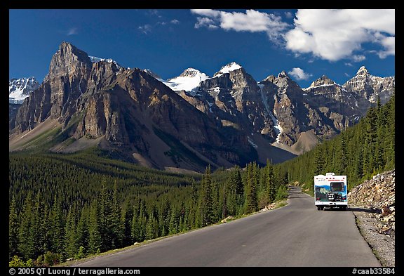 RV on the road to the Valley of Ten Peaks. Banff National Park, Canadian Rockies, Alberta, Canada (color)