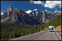 RV on the road to the Valley of Ten Peaks. Banff National Park, Canadian Rockies, Alberta, Canada (color)