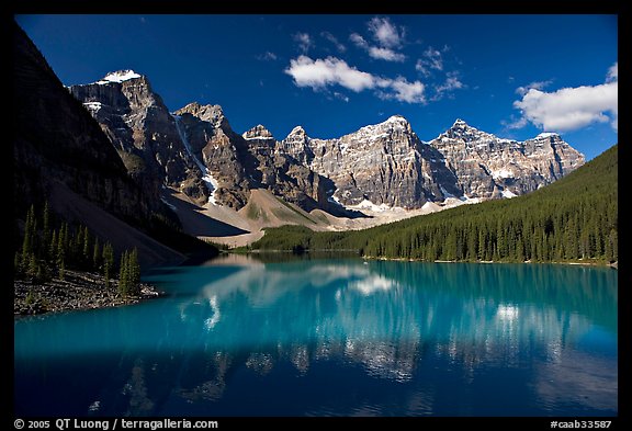 Moraine Lake reflecting the Wenkchemna Peaks, mid-morning. Banff National Park, Canadian Rockies, Alberta, Canada (color)