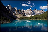 Moraine Lake reflecting the Wenkchemna Peaks, mid-morning. Banff National Park, Canadian Rockies, Alberta, Canada