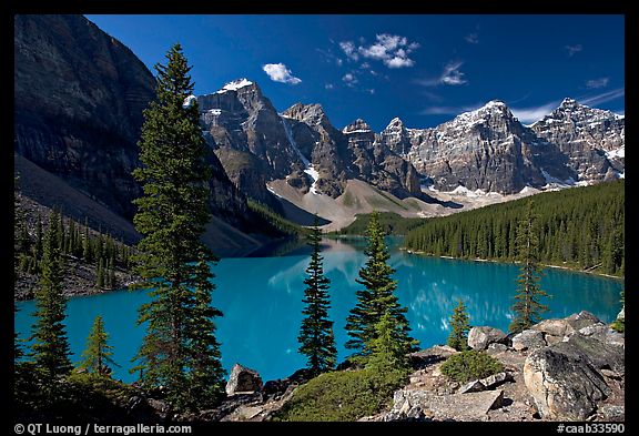 Moraine Lake and Wenkchemna Mountains , mid-morning. Banff National Park, Canadian Rockies, Alberta, Canada