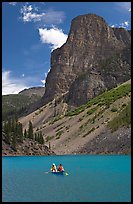 Canoe on Moraine Lake, afternoon. Banff National Park, Canadian Rockies, Alberta, Canada