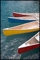 Close up of red, yellow and blue canoes, Moraine Lake. Banff National Park, Canadian Rockies, Alberta, Canada