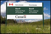 Bilingual sign at the entrance of the Park. Banff National Park, Canadian Rockies, Alberta, Canada ( color)