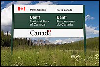 Bilingual sign at the entrance of the Park. Banff National Park, Canadian Rockies, Alberta, Canada