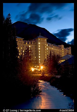 Chateau Lake Louise and stream at night. Banff National Park, Canadian Rockies, Alberta, Canada