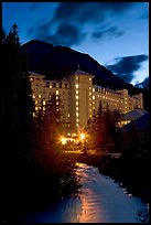 Chateau Lake Louise and stream at night. Banff National Park, Canadian Rockies, Alberta, Canada