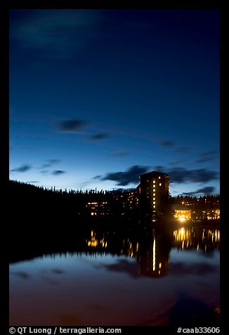 Chateau Lake Louise reflected in Lake at night. Banff National Park, Canadian Rockies, Alberta, Canada