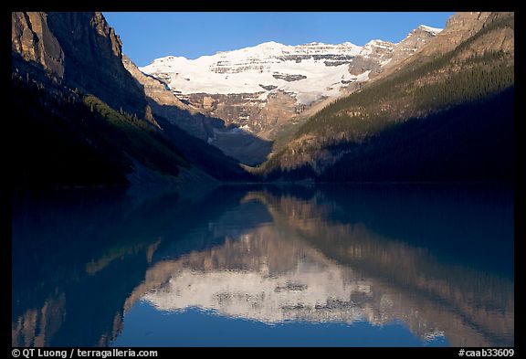 Victoria peak reflected in Lake Louise, early morning. Banff National Park, Canadian Rockies, Alberta, Canada