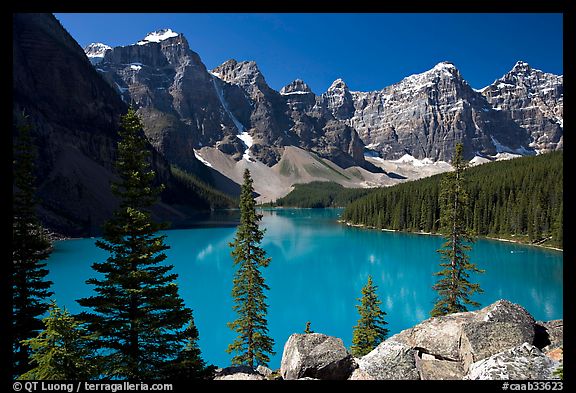 Wenkchemna Peaks above turquoise colored Moraine Lake , mid-morning. Banff National Park, Canadian Rockies, Alberta, Canada
