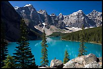 Wenkchemna Peaks above turquoise colored Moraine Lake , mid-morning. Banff National Park, Canadian Rockies, Alberta, Canada