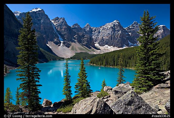 Wenkchemna Peaks above Moraine Lake , mid-morning. Banff National Park, Canadian Rockies, Alberta, Canada