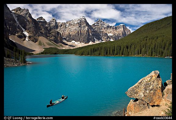 Canoe and Wenkchemna Peaks, Moraine Lake, mid-morning. Banff National Park, Canadian Rockies, Alberta, Canada