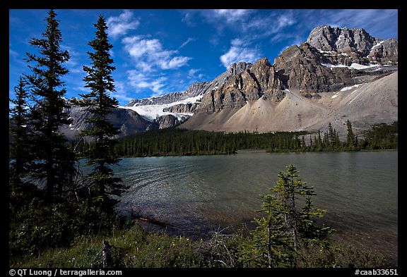 Bow Lake shoreline,  Crowfoot Mountain and Crowfoot Glacier. Banff National Park, Canadian Rockies, Alberta, Canada (color)