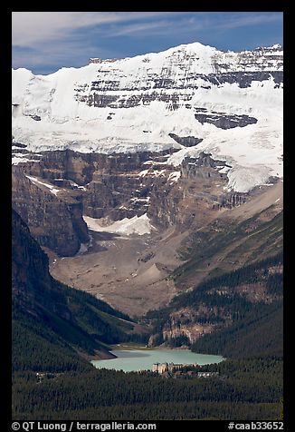 Distant view of Lake Louise and  Victoria Peak from the ski resort. Banff National Park, Canadian Rockies, Alberta, Canada