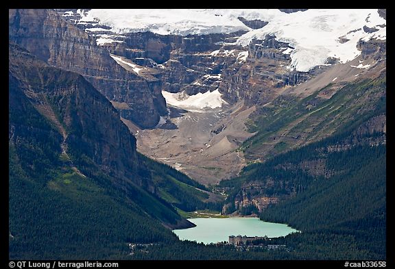 Distant view of Lake Louise and Chateau Lake Louise at the base of Victorial Peak. Banff National Park, Canadian Rockies, Alberta, Canada