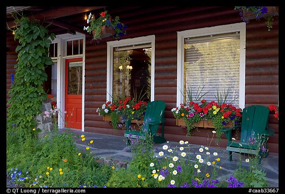 Porch of a cabin with flowers. Banff National Park, Canadian Rockies, Alberta, Canada (color)