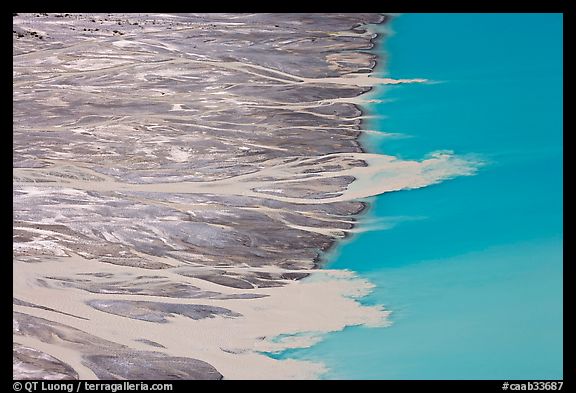 Streams depositing glacial sediments into Peyto Lake. Banff National Park, Canadian Rockies, Alberta, Canada
