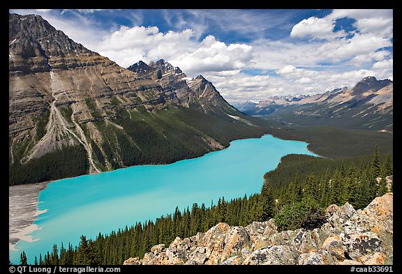 Peyto Lake, with waters colored turquoise by glacial sediments, mid-day. Banff National Park, Canadian Rockies, Alberta, Canada (color)