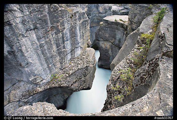 Twenty meter deep gorge carved out of solid limestone rock, Mistaya Canyon. Banff National Park, Canadian Rockies, Alberta, Canada (color)