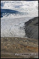 Parking lot dwarfed by Athabasca Glacier. Jasper National Park, Canadian Rockies, Alberta, Canada ( color)