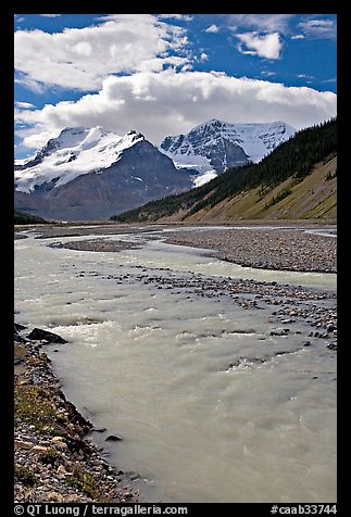 Wide Sunwapta River and Mt Athabasca, morning. Jasper National Park, Canadian Rockies, Alberta, Canada (color)