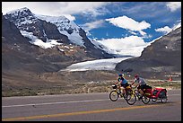 Cyclists on the Icefields Parkway in front of the Athabasca Glacier. Jasper National Park, Canadian Rockies, Alberta, Canada