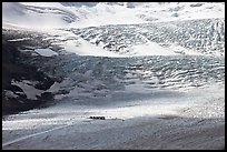 Distant view of snowcoaches parked at the base of the lower icefall on the Athabasca Glacier. Jasper National Park, Canadian Rockies, Alberta, Canada