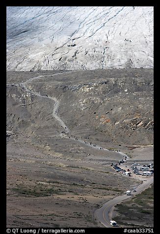 Road and trail leading to Athabasca Glacier. Jasper National Park, Canadian Rockies, Alberta, Canada