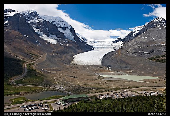 Icefields Center and Athabasca Glacier flowing from Columbia Icefields. Jasper National Park, Canadian Rockies, Alberta, Canada