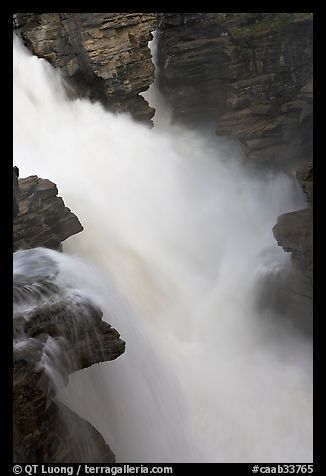Water cascading over a glacial rock step, Athabasca Falls. Jasper National Park, Canadian Rockies, Alberta, Canada