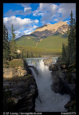 Athabasca Falls and Mt Kerkeslin, late afternoon. Jasper National Park, Canadian Rockies, Alberta, Canada