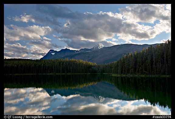 Peaks and clouds reflected in Leach Lake, sunset. Jasper National Park, Canadian Rockies, Alberta, Canada (color)