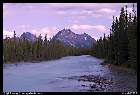 Whirlpool River and Whirlpool Peak, sunset. Jasper National Park, Canadian Rockies, Alberta, Canada