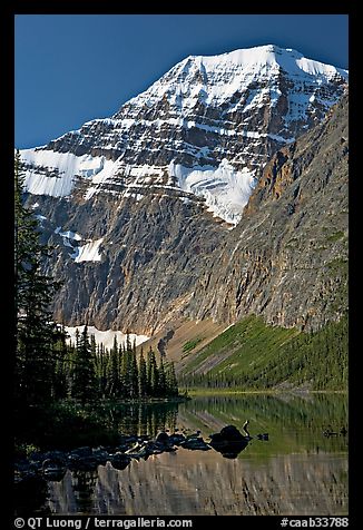 Steep face of Mt Edith Cavell raising above Cavell Lake. Jasper National Park, Canadian Rockies, Alberta, Canada