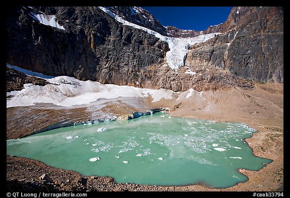 Hanging glacier and glacial pond, Mt Edith Cavell. Jasper National Park, Canadian Rockies, Alberta, Canada (color)