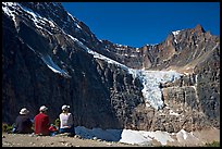Hikers looking at Angel Glacier and Cavell Glacier. Jasper National Park, Canadian Rockies, Alberta, Canada (color)