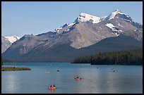 Canoes on Maligne Lake, afternoon. Jasper National Park, Canadian Rockies, Alberta, Canada ( color)