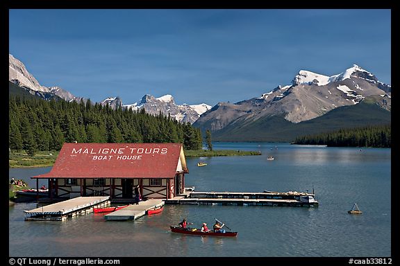 Maligne Lake and boat house. Jasper National Park, Canadian Rockies, Alberta, Canada