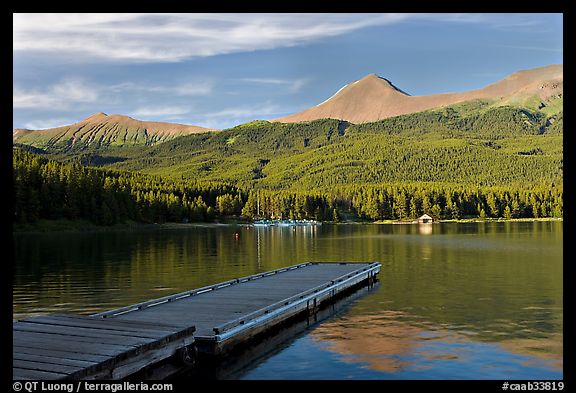 Dock, Maligne Lake, and Bald Hills, late afternoon. Jasper National Park, Canadian Rockies, Alberta, Canada