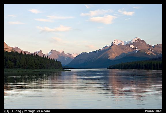 Serene view of Maligne Lake and peaks, sunset. Jasper National Park, Canadian Rockies, Alberta, Canada (color)