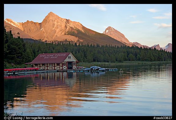 Maligne Lake Boathouse,  Leh and Samson peaks, sunset. Jasper National Park, Canadian Rockies, Alberta, Canada