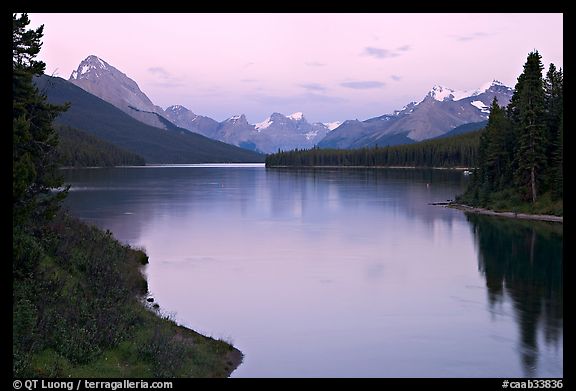 Maligne River outlet and Maligne Lake, sunset. Jasper National Park, Canadian Rockies, Alberta, Canada (color)