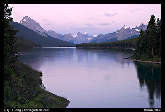 Maligne River outlet and Maligne Lake, sunset. Jasper National Park, Canadian Rockies, Alberta, Canada