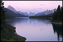 Maligne River outlet and Maligne Lake, sunset. Jasper National Park, Canadian Rockies, Alberta, Canada