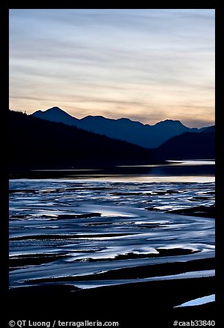 Braided channels and Medicine Lake, sunset. Jasper National Park, Canadian Rockies, Alberta, Canada