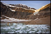 Glacial Pond filled with icebergs below Mt Edith Cavell, sunrise. Jasper National Park, Canadian Rockies, Alberta, Canada