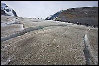 Crevasses on Athabasca Glacier with a line of tourists in the background. Jasper National Park, Canadian Rockies, Alberta, Canada (color)