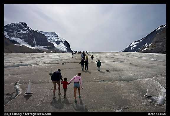 Tourists on Athabasca Glacier, Columbia Icefield. Jasper National Park, Canadian Rockies, Alberta, Canada (color)