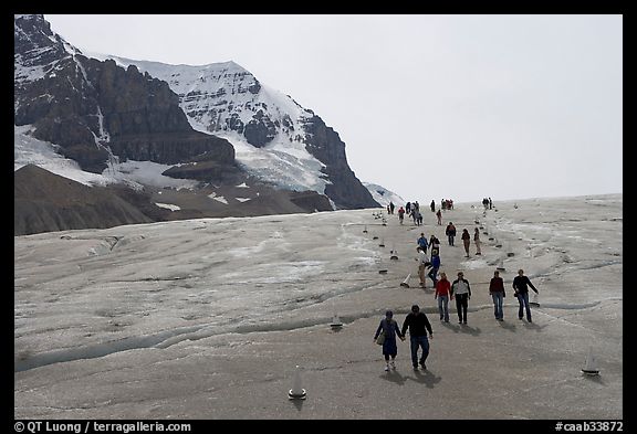 Tourists in a marked area of Athabasca Glacier. Jasper National Park, Canadian Rockies, Alberta, Canada